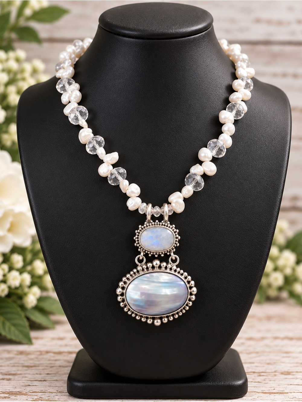 Lori Bonn Rare Vintage Sterling Silver Pearl Iridescent Gemstone Necklace